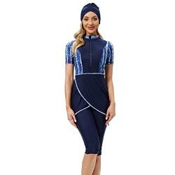 IWEMEK Muslimische Damen Modest Burkini Bedruckter 3 Stück Badeanzug mit Kurzarm Vollständig Bedeckendem Rock + Shorts + Hijab Islamischer Arabischer Schwimmstrand Surfen #1 Blau M von IWEMEK