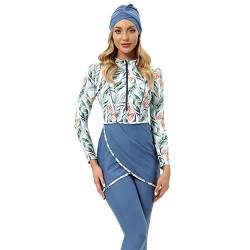 IWEMEK Muslimische Damen Modest Burkini Bedruckter 3 Stück Badeanzug mit Langärmligem Vollständig Bedeckendem Rock + Hose + Hijab Islamischer Arabischer Schwimmstrand Surfen #Blaue Blätter M von IWEMEK