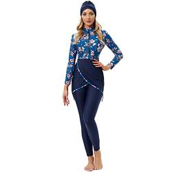 IWEMEK Muslimische Damen Modest Burkini Bedruckter 3 Stück Badeanzug mit Langärmligem Vollständig Bedeckendem Rock + Hose + Hijab Islamischer Arabischer Schwimmstrand Surfen #Blaue Blume M von IWEMEK