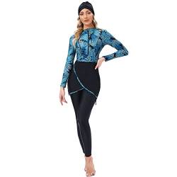 IWEMEK Muslimische Damen Modest Burkini Bedruckter 3 Stück Badeanzug mit Langärmligem Vollständig Bedeckendem Rock + Hose + Hijab Islamischer Arabischer Schwimmstrand Surfen #Dunkelblau L von IWEMEK