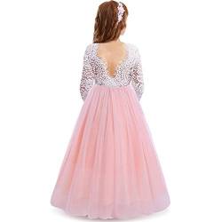 IWEMEK Neckholder V-Back Spitze Tüll Maxi Kleid Langarm Mädchen Hochzeit Brautjungfer Ballkleider Erstkommunion Abend Geburtstag Party Kleider für Kinder Gr. 3-4 Jahre, Rosa von IWEMEK