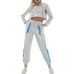 IWEMEK Rave Outfits Damen Metallic Top Glitzer Hose Trainingsanzug Glänzend Hohe Taille Jogginghose Lack Leder Oberteil 80er 90er Fasching Festival Party Disco Hip Hop Kostüm #A: Laser Silber M von IWEMEK