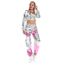 IWEMEK Rave Outfits Damen Metallic Top Glitzer Hose Trainingsanzug Glänzend Hohe Taille Jogginghose Lack Leder Oberteil 80er 90er Fasching Festival Party Disco Hip Hop Kostüm Clubwear Silber XXL von IWEMEK