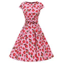 IWEMEK Retrokleid Damen Vintage 50/60er Rockabilly Ärmel Polka Punkte Blumen Punkte A-Line Trapez Kleidung Pin Up Ball Abend Cocktail Zeremonie Party Hochzeit lässig im Knie S-XXL, Erdbeerrosa., XXL von IWEMEK