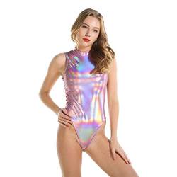 IWEMEK Sexy Damen Body Laser Metallic Ärmellos Lack Leder Bodysuit High Cut Wetlook Catsuit Glänzende Ballettanzug Ballett Tanz Trikot Leotard Top Unterwäsche Clubwear Kostüm Rosa XL von IWEMEK