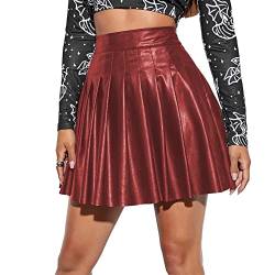 IWEMEK Sexy Damen PU Lackleder Plissierte Skater Minirock Hohe Taille Metallischer Glitzer Wetlook A-Linie Tennis RARA Röcke Freizeit Party Tanz Gothic Cheerleader Kostüm #A: Rot L von IWEMEK