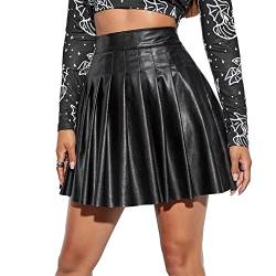 IWEMEK Sexy Damen PU Lackleder Plissierte Skater Minirock Hohe Taille Metallischer Glitzer Wetlook A-Linie Tennis RARA Röcke Freizeit Party Tanz Gothic Cheerleader Kostüm #A: Schwarz L von IWEMEK