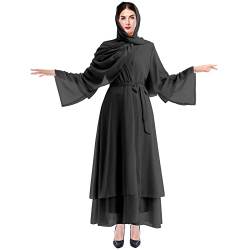 IWEMEK Strickjacke Frauen Muslimische Cardigan Lange Maxikleid + Hijab Kopftuch Passform Langarm Kaftan Damen Burka Abaya Islamic Dubai Arabisch Kleider Gebetskleid Gebetskleidung #A: Schwarz Set XL von IWEMEK