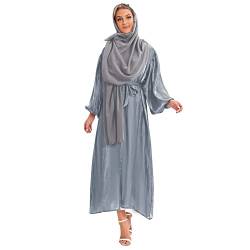 IWEMEK Strickjacke Frauen Muslimische Cardigan Lange Maxikleid + Hijab Kopftuch Passform Langarm Kaftan Damen Burka Abaya Islamic Dubai Arabisch Kleider Gebetskleid Gebetskleidung #B: Blau grau Set M von IWEMEK