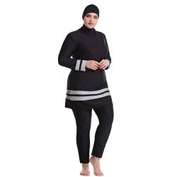 IWEMEK Übergröße Islamische Muslimische Badeanzug Damen Langarm Schwimmkleid Oberteile + Schwimmhose + Schwimm Hijab Badekappe 3tlg Ganzkörper-Badeanzüge Sonnenschutz Bademode Schwarz + Grau 3XL von IWEMEK