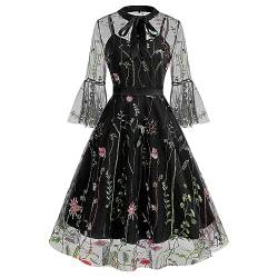 IWEMEK Vintage Damen Bogen Hals Masche Glockenhülse Schmetterling Blumenstickerei Tüllkleid 50er A-Linie Tee Party Cocktail Abendkleid Brautjungfer Hochzeit Gastkleid Schwarz Blumen XXL von IWEMEK