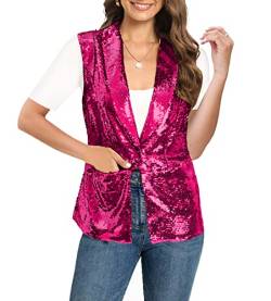 IWFEV Damen Pailletten Blazer Langarm Sparkle Open Front Jacke Schalkragen Cardigan, Ärmelloses Pink, XL von IWFEV