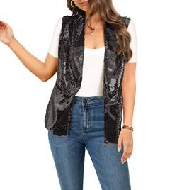 IWFEV Damen Pailletten Blazer Langarm Sparkle Open Front Jacke Schalkragen Cardigan, Schwarz ärmellos, XL von IWFEV