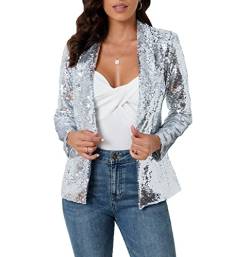 IWFEV Damen Pailletten Blazer Langarm Sparkle Open Front Jacke Schalkragen Cardigan, silber, 48 von IWFEV