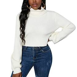 IWFEV Damen Pullover Rollkragen Langarm Strick Pullover Tops Crop Top Shirt, Weiß, XX-Large von IWFEV