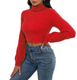 IWFEV Damen Pullover Rollkragen Langarm Strick Pullover Tops Crop Top Shirt, rot, X-Groß von IWFEV