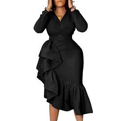 IWFEV Langärmeliges Kleid mit V-Ausschnitt, asymmetrisch, wadenhoch, figurbetont, schwarz, Mittel von IWFEV