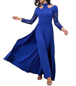 IWFEV Langarm Einfarbig Spitze Party Volle Länge Hohe Taille Damen Patchwork Overlay Jumpsuit, blau, Groß von IWFEV