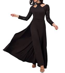 IWFEV Langarm Einfarbig Spitze Party Volle Länge Hohe Taille Damen Patchwork Overlay Jumpsuit, schwarz, Groß von IWFEV