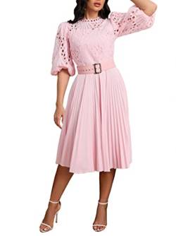 IWFEV Spitzenkleid mit Puffärmeln und kurzen Ärmeln, Midi-Kleid, hohl, Party-Abendkleid, Pink, Groß von IWFEV