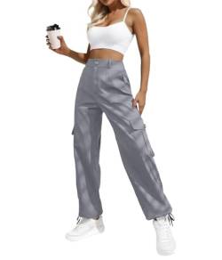 IWOLLENCE Cargohose Damen Y2K Hose Arbeitshose Hoher Taille Pants Baggy Jogginghose Outdoor Hosen für Damen mit Kordelzugbündchen 6 Taschen Grau L von IWOLLENCE