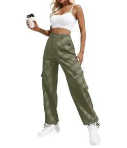 IWOLLENCE Cargohose Damen Y2K Hose Arbeitshose Hoher Taille Pants Baggy Jogginghose Outdoor Hosen für Damen mit Kordelzugbündchen 6 Taschen Grün M von IWOLLENCE