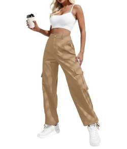 IWOLLENCE Cargohose Damen Y2K Hose Arbeitshose Hoher Taille Pants Baggy Jogginghose Outdoor Hosen für Damen mit Kordelzugbündchen 6 Taschen Khaki S von IWOLLENCE