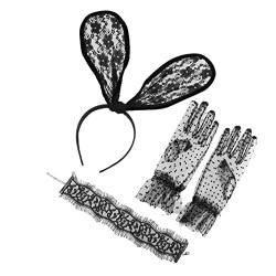 IWOWHERO 1 Satz Hasenmädchen Stirnband Halloween- Haarzubeh?r Hasenhandschuhe Hasenohren Bunny Ohren Schwarz Halloween Stirnband Bunny Set- Kostüm Kleidung Einstellen Spitze Damen von IWOWHERO