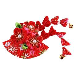 IWOWHERO Quaste Glocke Haarschmuck Kanzashi- Haarspange. Kimono Flower Hair Clip kinder haarschmuck hair accessories for girls Japanischer Stil die Klingel Brötchen Essstäbchen Fräulein rot von IWOWHERO