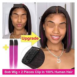 Perücke Kurze Bob Perücke Gerade Menschliche Haarperücken for schwarze Frauen Vorruck 5x5x1 Verschluss Perücke Brasilianische Haarspitze Perücken 150% Dichte Wig ( Color : Bob add2Clips Purple , Size von IXART
