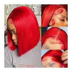 Perücke Rote Spitzenfront-Echthaarperücken for Frauen 13 × 4 transparente Spitze-Spitze-Frontalperücken 8-16 "heiße rote gerade kurze Bob-Perücke brasilianisches Remy-Haar vorgezupft Wig (Color : 13x von IXART