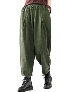 IXIMO Damen Baggy Cropped Cordhose Casual Weite Bein Elastische Taille Plissee Haremshose, Grün , Groß von IXIMO