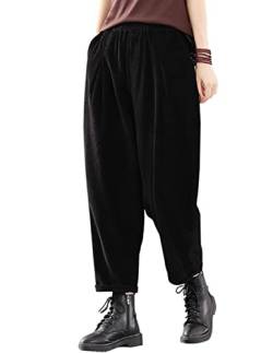 IXIMO Damen Baggy Cropped Cordhose Casual Weite Bein Elastische Taille Plissee Haremshose, schwarz, Groß von IXIMO