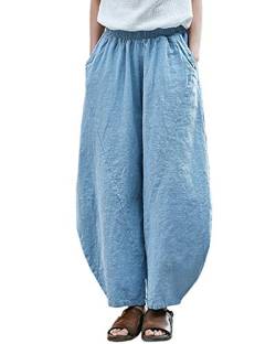 IXIMO Damen Baumwolle Leinen Hose Casual Baggy Elastische Taille Relax Fit Hose Slacks, Kz76_blau, XX-Large von IXIMO