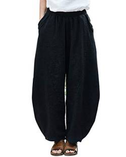 IXIMO Damen Casual Baumwolle Leinen Baggy Pants mit elastischer Taille Plissee Relax Fit Hose - Schwarz - Klein von IXIMO