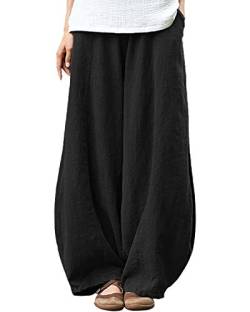 IXIMO Damen Casual Baumwolle Leinen Baggy Pants mit elastischer Taille Relax Fit Laterne Hose, Schwarz, XX-Large von IXIMO