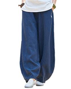 IXIMO Damen Casual Baumwolle Leinen Baggy Pants mit elastischer Taille Relax Fit Laterne Hose - Blau - Mittel von IXIMO