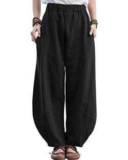 IXIMO Damen Casual Baumwolle Leinen Baggy Pants mit elastischer Taille Relax Fit Laterne Hose - Schwarz - Mittel von IXIMO