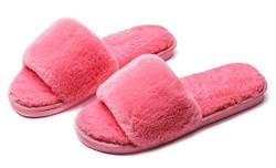 Damen Fuzzy Fluffy Furry Fur Hausschuhe, Flip Flop Open Toe Cosy House Slides Hausschuhe, Soft Flat Comfy Anti-Slip Slip auf Plüschschuhen,40-41,Watermelon red von IXITON