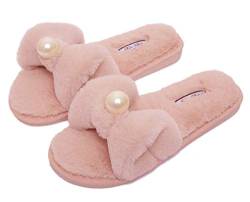 Frauen Kunstpelz Bowknot Plüsch Hausschuhe Fluffy Open Toe Hausschuhe Soft Cosy,40-41,pink with Pearl von IXITON