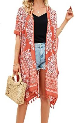 IXITON Damen Kurzarm Print Strand Schal Strickjacke, Urlaub Kimono Langer Bikini Strand Schal Bademantel Cover ups (ZS2855-Orange) von IXITON