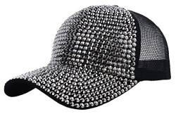 IXITON Sommer Bling Shiny Rhinestones Schirmmütze Mesh atmungsaktiv Hut Sparkle Adjustable Baseball Cap für Frauen Mädchen (Schwarz-Kappe&GraueStrasssteine) von IXITON