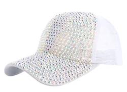 IXITON Sommer Bling Shiny Rhinestones Schirmmütze Mesh atmungsaktiv Hut Sparkle Adjustable Baseball Cap für Frauen Mädchen (Weiß-Kappe&Bunte Strasssteine) von IXITON