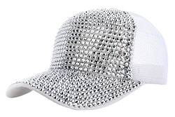 IXITON Sommer Bling Shiny Rhinestones Schirmmütze Mesh atmungsaktiv Hut Sparkle Adjustable Baseball Cap für Frauen Mädchen (Weiß-Kappe&Silber-Strasssteine) von IXITON