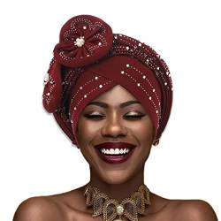 IYOU Beanie-Mütze Kopfbedeckung Burgundy Strass Kopf Schal Blume Perlen Twisted Kopf-Turban für Frauen Mädchen von IYOU