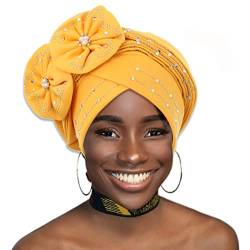 IYOU Beanie Mütze Kopfbedeckung Gelbe Strasssteine Kopftuch Blume Perlen Gedrehter Kopf Turban für Frauen Mädchen von IYOU