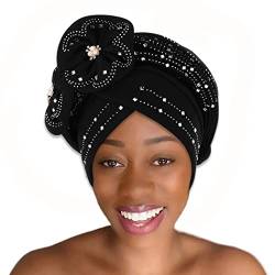 IYOU Blume Afrikanischer Turban Headwrap Schwarze Vorgebundene Kopfbedeckung Kristall Haube Beanie-Mütze Haarbänder für Frauen Mädchen von IYOU