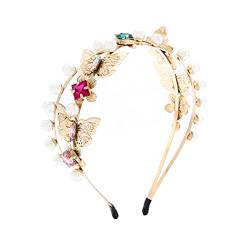 IYOU Boho Perle Stirnband Mehrfarbig Glänzend Kristall Haarband Doppelt Hochzeit Abschlussball Haarschmuck für Frauen (Gold Schmetterling) von IYOU