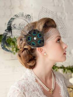IYOU Feder Fascinator Haarspangen Grün Pfau Flapper Kopfstück mit Schleier Prom Festival Hochzeit 1920s Gatsby Haarschmuck für Frauen von IYOU