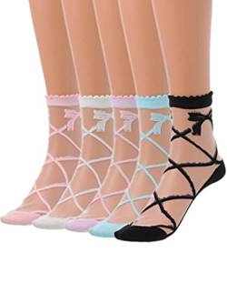 IYOU Frauen Schleifenknoten Knöchel Socken Weiß Atmungsaktiv Mesh-Socken Ultradünn Glas Seidenstrümpfe Party Sommer Transluzent Lässig Socken (5 Paare) von IYOU